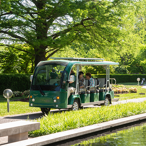 Garden tram near reflecting pool